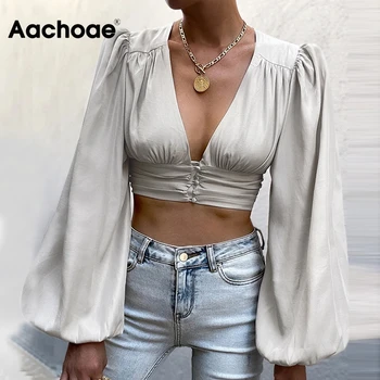 Aachoae Ženske seksualne bluze sa dubokim V-izrez i bujne dugim rukavima, običan uske košulje, majice, ženske skraćeni vrhovima na high street