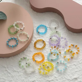 AOMU 2020 Novi Korejski Slatka Šarene Podesiva Male Perle Elastične Prozirne Kristalne prsten od perli za žene i djevojčice Večernje uređenje