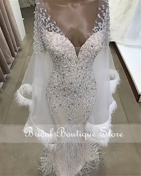 Bijele haljine Вендинга s dugim rukavima od perja Haljine za zabave, Nevjesta Sirena 2021 od haute Couture V-izrez u obliku Tila Šampanjac kristali Haljine za maturalnu večer