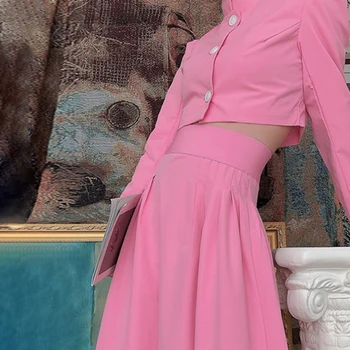 Casual minimalistički pink set od dva komada za žene s rol-bar Kratke majice Ženske suknje s visokim strukom i рюшами Elegantni kompleti Ženski V902