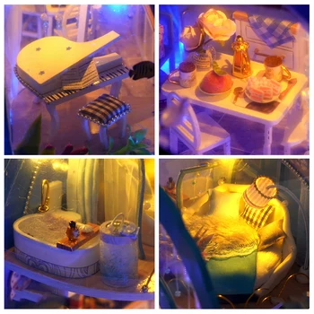DIY Drvena Kuća Lutaka Minijaturni Namještaj S led pozadinskim Osvjetljenjem Kit Ocean Princess Potkrovlje Lutkarske Kuće Prikupiti Igračku Dječji Dar Casa 5