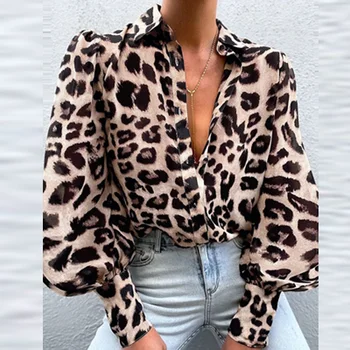 Elegantne ženske bluze s odbačenost ovratnik i gumba košulje, trendy retro majice s леопардовым po cijeloj površini, ženske šik rukava-svjetiljke, Blusa Jesen