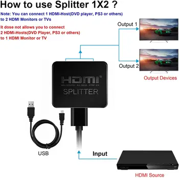 HDMI Razdjelnik 1 2 Izlaz, 4K Full HD 1080P 3D HDMI Switch Prekidač 1X2 Split-Pojačalo za dva monitora za HDTV DVD PS3 Xbox
