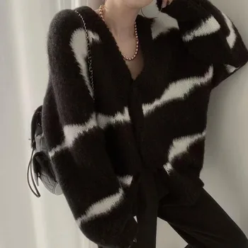 Korejski Stil Prugasta Kardigan Džemper Jakna Ženska 2021 Slobodna I Lijeni Odjeća Boja U tonu Pulover s V-izrez Trend