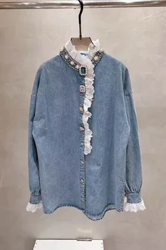 Korejski stil Teška industrija Perle s dijamantima встраиваемая traper košulja Za žene 2022 Proljeće Nove besplatne bluza Blusas Top čipkom ispod Traper košulje 1