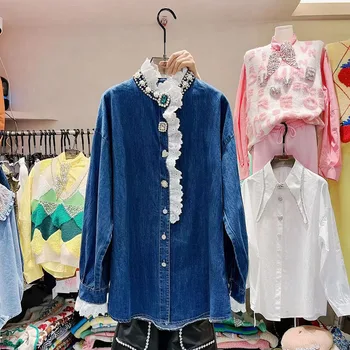 Korejski stil Teška industrija Perle s dijamantima встраиваемая traper košulja Za žene 2022 Proljeće Nove besplatne bluza Blusas Top čipkom ispod Traper košulje 4