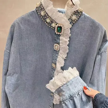 Korejski stil Teška industrija Perle s dijamantima встраиваемая traper košulja Za žene 2022 Proljeće Nove besplatne bluza Blusas Top čipkom ispod Traper košulje 5