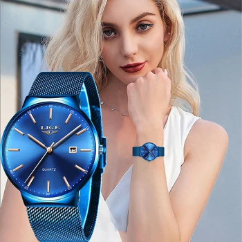 LIGE Ženske s brand luksuznih analogni kvarcni sat Ženski sat sa punom plavom rešetkom od nehrđajućeg čelika Sat s datumom Fancy ultra-tanki sat suočava