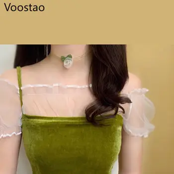 Ljetne ženske bluze u stilu slatke Лолиты Kawaii sa rez na vratu ukrašen mrežaste majice ženske seksualne slatka kratkih rukava sa zelenim rukavima Blusas Mujer 3