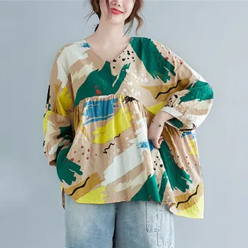 Prevelike ženska pamučna posteljina Svakodnevne bluze Novi dolazak 2021 Proljeće je Jednostavan i Starinski Stil print Slobodne ženske Majice Majice S3535