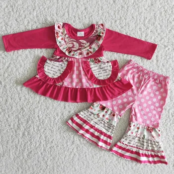 Prodaja na veliko Jesensko-zimske odjeće za djevojčice Dječje cvjetni dječje odjeće za djecu sa volanima i džepovima Crvene haljine Zvona Prugasta Odjeća hlače