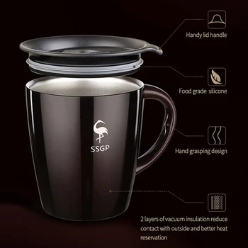 SSGP Kava bubalo s ručkom Usamljena Kava šolja za putovanja od nehrđajućeg čelika sa dvostrukim stijenkama Vakuumska Reusable Šalica za čaj s mlijekom s poklopcem Srebro