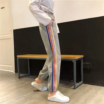 Svakodnevni trkači Za žene Harajuku Svijetle hlače na pruge sa strane 2020 Ravne hlače s elastičan struk Korejski hlače i jahaće hlače Mujer 3