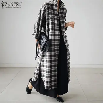 ZANZEA Vintage Za žene checkered checkered duga haljina-košulja 2021 Jesen Svakodnevno s igle vrat сарафан dugi rukav Slobodan Vestidos ogrtač Femme