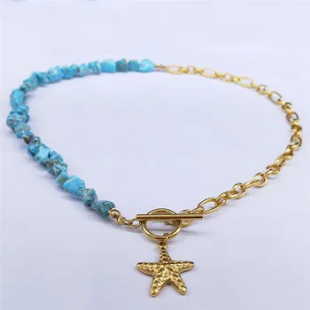 Češka Morska zvijezda Od Nehrđajućeg čelika Imitacija tirkizno Ženske ogrlice ogrlice-opskrbnog zlatne boje Nakit ogrlice boheme NXS04 3