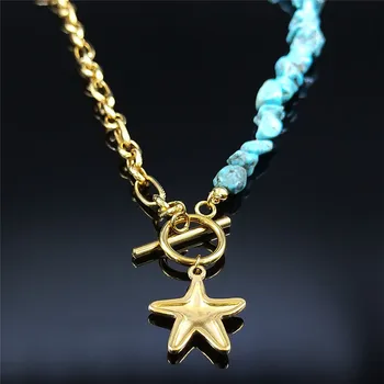 Češka Morska zvijezda Od Nehrđajućeg čelika Imitacija tirkizno Ženske ogrlice ogrlice-opskrbnog zlatne boje Nakit ogrlice boheme NXS04 5