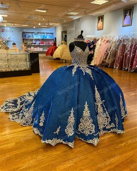 Šarmantan tamno plave bujne haljine s aplikacija zrna Loptu haljina Princeza Slatka 16 15-godišnja djevojka vestidos de 15 años xv