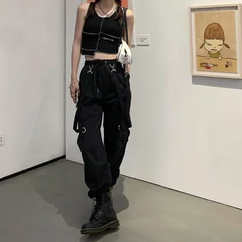 Ženske hlače hlače-teretni Harajuku Svakodnevne Crne Hlače s visokim strukom Hipi Ulica odjeća Kpop Oversize Mall Gotički hlače za žene