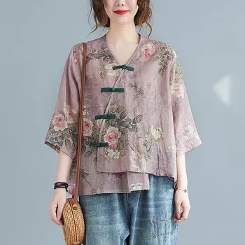 Ženski ljeto, pamuk, platno svakodnevne košulje Novi 2021 Kineski Stil i Starinski V-oblika dekoltea s cvjetnim ispis Slobodne ženske majice kratkih rukava B304
